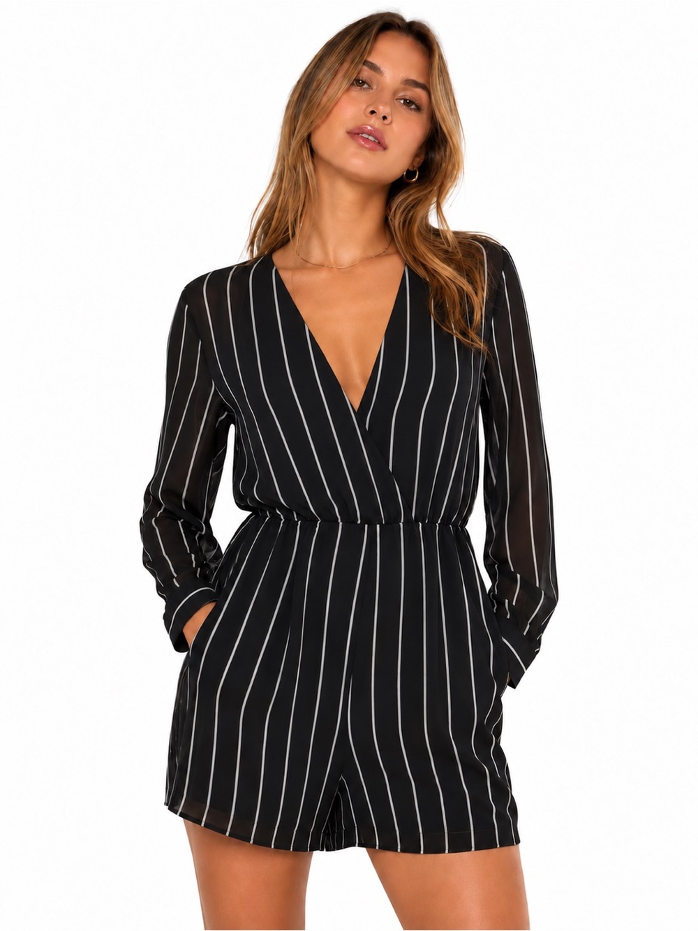 Black Pinstripe Long-Sleeve Romper